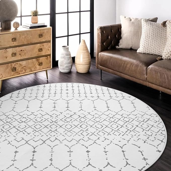 Lahome Moroccan Circle Rug - 6Ft Washable Large Round Area Rugs for Living Room Non-Slip Low-Pile Dining Room Rugs for Under Table, Modern Geometric Print White Circular Rug for Office Bedroom Nursery