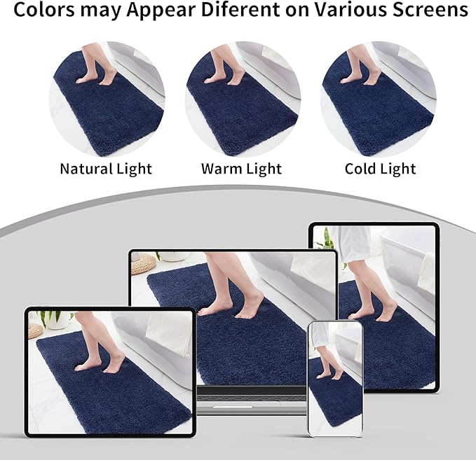 Navy Bathroom Rug 20x32 Non Slip Fluffy Bath Mat for Bathroom Floor Washable Plush Luxury Bath Rug for Tub Soft Shaggy Absorbent Shower Sink Mat