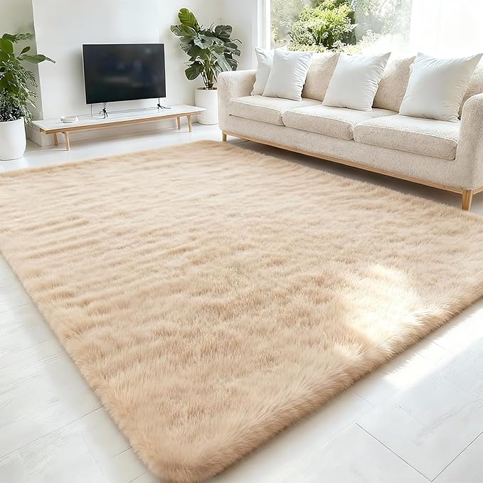 5x7 Solid Fluffy Camel Area Rug – Washable, Durable,Large Living Room Rug, Non-Slip High Pile Shag Rugs for Bedroom, Bedside, Dorms, Nursery Rooms, Kids Room, Soft Indoor Floor Carpet Decor