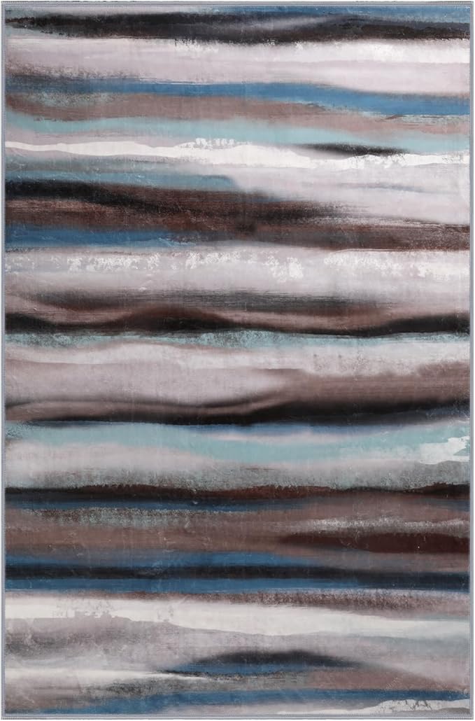 Abstract 6x9 Area Rug, Modern Stripe Pattern Teal Rugs for Living Room, Washable Soft Large Non-Slip Floor Carpet for Dining Room Office Bedroom - Blue/Brown/Multi
