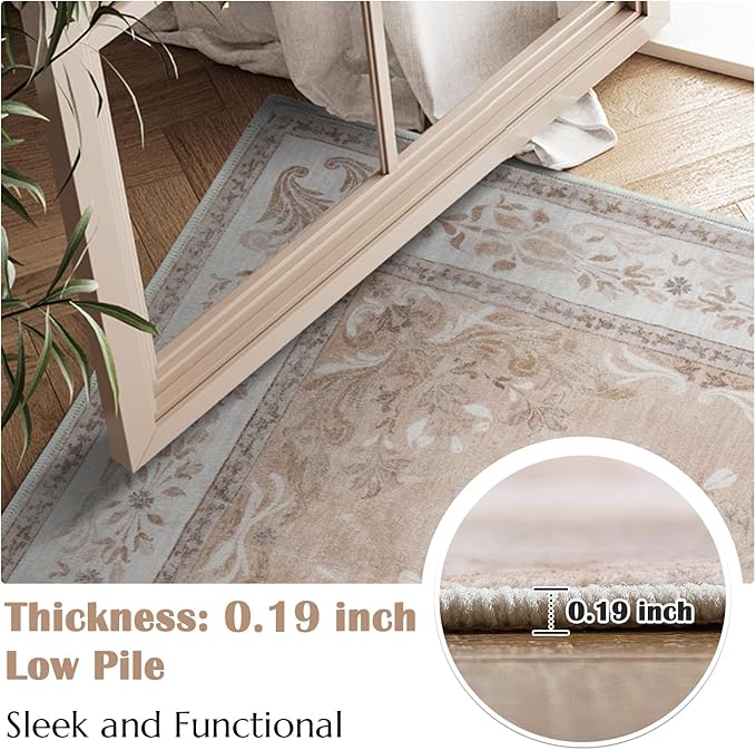 jinchan Vintage Floral 3x5 Area Rugs for Entryway - Machine Washable Distressed Design Ultra-Thin Low-Pile Soft Non-Shedding Carpet for Kitchen Bedroom Entrance Laundry Living Room (3x5ft, Coral Pink)