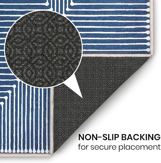 GLN Rugs Contemporary Collection - Machine Washable Area Rug, Contemporary Washable, Non Slip, Low Pile Chenille Rug, Living Room, Bedroom, Kitchen Rug (9' x 12' Lines Blue)
