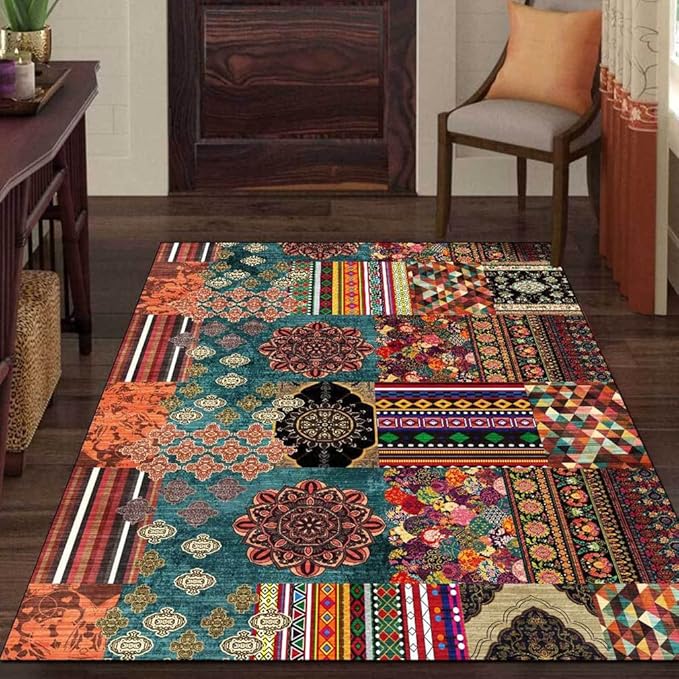 Vintage Boho Area Rugs Multicolor Ethnic Style Geometric Splicing Carpets Bedroom Living Room Kitchen Floor Mats Indoor Outdoor Non-Shedding Runner Rug Home Décor Carpet 4' X 7'