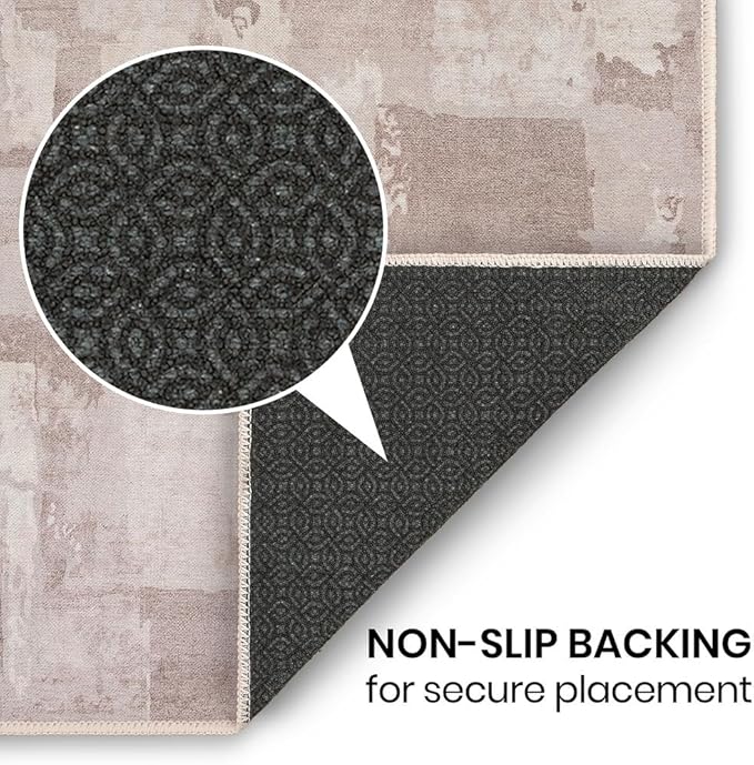 GLN Rugs Contemporary Collection - Machine Washable Area Rug, Contemporary Washable, Non Slip, Low Pile Chenille Rug, Living Room, Bedroom, Kitchen Rug (6' x 9' Abstract Tan)
