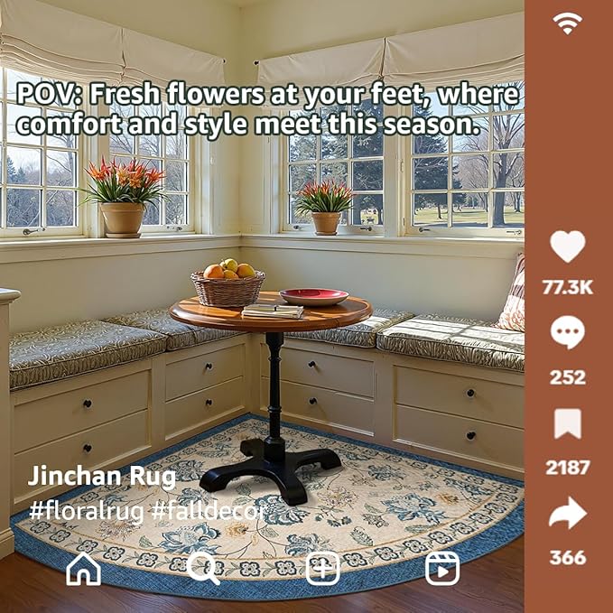 jinchan Elora Floral Corner Rug for Living Room Washable Bedroom Rug Vintage Romance Design Non Slip Quarter Circle Lightweight Low-Pile Throw Carpet for Reading Nook Playroom, 7ft Radius, Blue/Beige