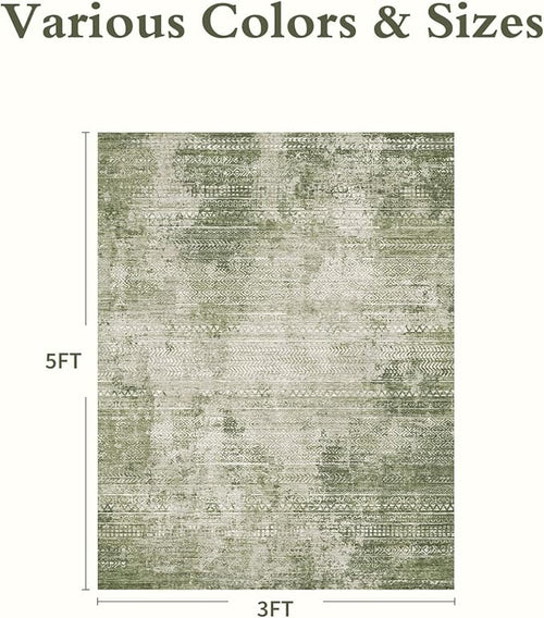 3 x 5 Rug Small Non Slip Machine Washable Rug Distressed Abstract Soft Indoor Carpet Neutral Boho Rug for Bedroom Living Room Entryway Kitchen Bedside, Green