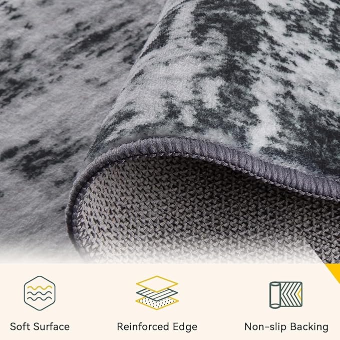 Washable Area Rugs Square 7ft Non-Slip Modern Abstract Soft for Living Room Entryway Bedroom Nursery, Print Pattern, Black Gray