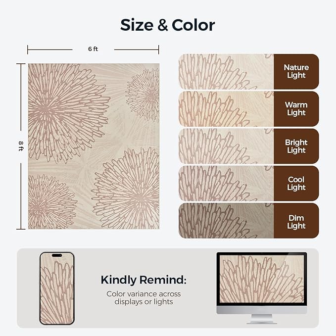 WITSHOCK 6x8 Area Rugs for Living Room: Beige Floral Washable Rugs for Bedroom Dining Room Office Nursery Modern Non-Slip Stain Resistant Low Pile Home Decor（Beige/Brown,6'x8'）