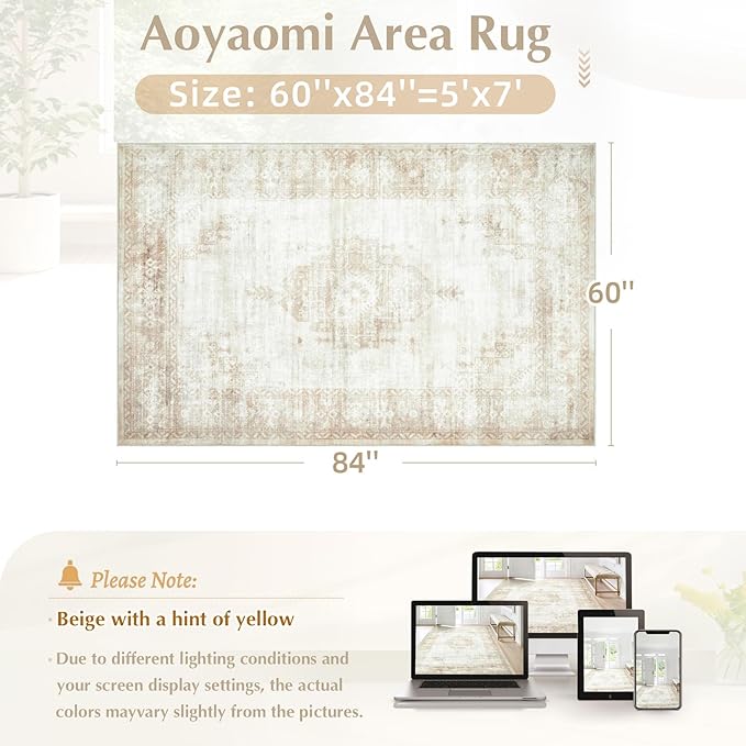 Vintage Living Room Area Rug - 5x7 Large Machine Washable Boho Moroccan Distressed Farmhouse Rugs for Bedroom - Soft Non-Slip Indoor Floor Accent Rugs for Office Dining Room (Beige, 5' x 7')