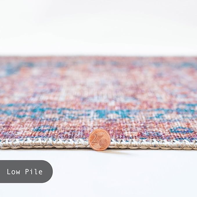 GLN Rugs Traditional Collection - Machine Washable Area Rug, Traditional Washable, Non Slip, Low Pile Chenille Rug, Living Room, Bedroom, Kitchen Rug (2'6" x 7' Terra/Green)