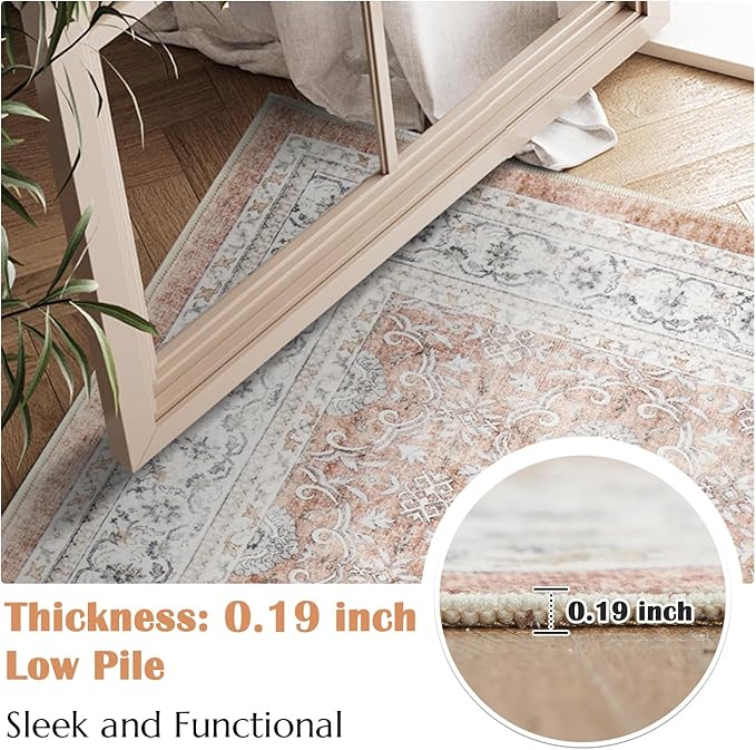 jinchan Floral 5x7 Area Rugs for Bedroom - Machine Washable Vintage Distressed Boho Design Throw Rug Stain Resistant Carpet Low-Pile Thin Non-Slip for Nursery Living Room Dining Room (5‘x7', Orange)