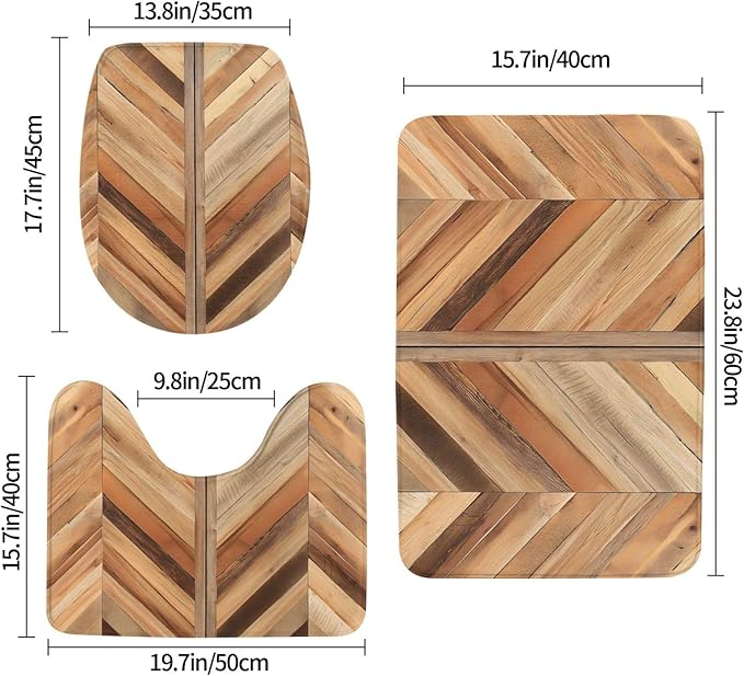 3 Piece Wooden Chevron Pattern Panel Bathroom Rugs Set, Non-Slip Absorbent Microfiber Bath Mat Set with U-Shaped Toilet Mat for Bathroom Tub Shower