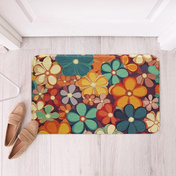 Erosebridal Groovy Flower Bathroom Mat 70s Party Microfiber Bath Rug Rainbow Floral 3D Entryway Door Mat 16x24 Boho Hippie Bath Mat Vintage Retro Party Bath Rugs for Girl Woman