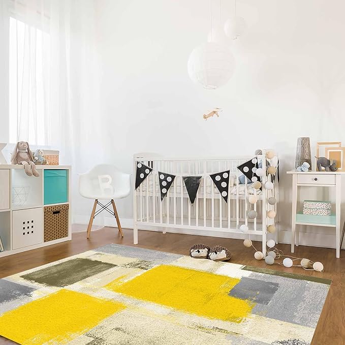Yellow Rectangular Area Rugs for Living Room Bedroom 4 x 6 ft Abstract Paint Texture Modern Art Non-Shedding Soft Low Pile Rug Non Slip Washable Rug for Nursery Entryway Playroom