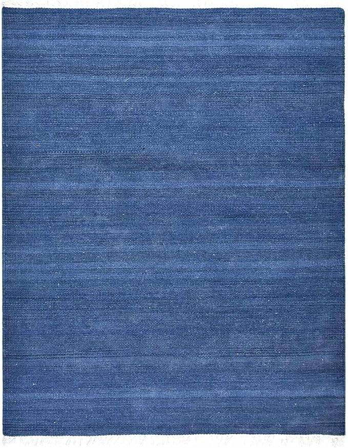 Rugsotic Carpets Hand Woven Flat Weave Kilim Wool 4'x6' Area Rug Solid Blue D00111