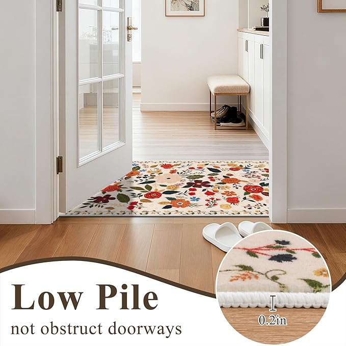 U'Artlines 2'x6' Boho Runner Rug for Hallways Kitchen Colorful Floral Soft Non Slip Washable Floor Carpet Runners for Entryway Laundry Room Bathroom Beige