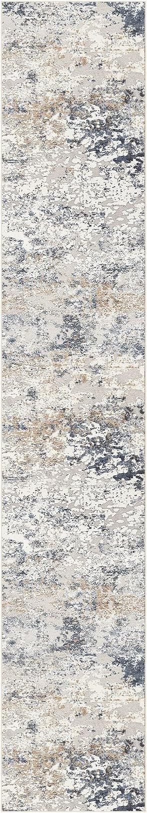 Washable Runner Rug for Hallway: 2.6x14 Neutral Modern Abstract Low Pile Area Rug with Non-Slip Backing - Carpet for Bedroom Kitchen Laundry Entryway Bathroom Indoor - Beige Blue