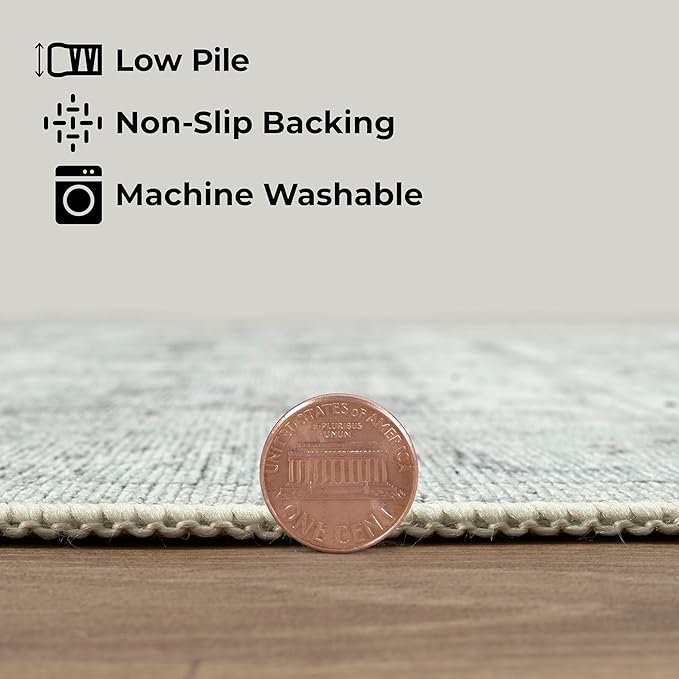 GLN Rugs Traditional Collection - Machine Washable Area Rug, Traditional Washable, Non Slip, Low Pile Chenille Rug, Living Room, Bedroom, Kitchen Rug (2'6" x 7' Cream/Gray/Sea Salt)