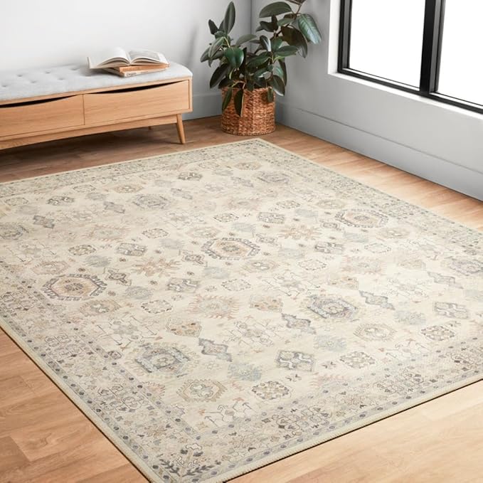 Loloi II Hathaway Collection HTH-05 Steel/Ivory 7'-6" x 9'-6" , .25" Thick, Runner Rug, Soft, Durable, Printed, Modern, Low Pile, Non-Shedding, Easy Clean, Living Room Rug