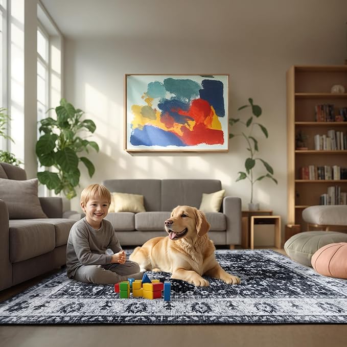 Area Rug for Living Room, 9x12 Machine Washable Non Slip Large Faux Wool Throw Rug, 0.3″ Low Pile & Non-Shedding Boho Large Carpet Rugs for for Dining Room, Bedroom, Office (Black White)
