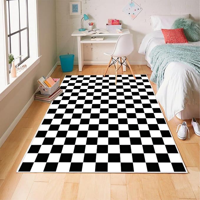 Checkered Rug 4x6 Rugs for Living Room Modern Minimalist Washable Black and White Checkered Non-Slip Large Rug for Office Playroom (Black and White, 4x6ft)