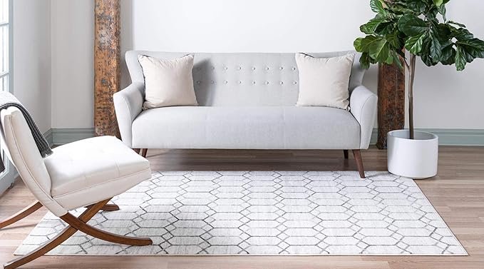 Rugs.com Lattice Trellis Collection Rug – 5' x 8' White Low-Pile Rug Perfect for Living Rooms, Large Dining Rooms, Open Floorplans
