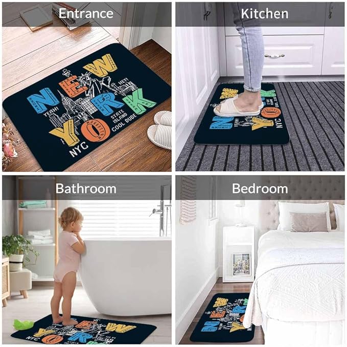 New York City Bath Mats for Bathroom New York Theme on Black Background Floor Bath Rugs Machine Washable Bathmat Carpet Rug Room Decor for Shower Floor 16 X 24 inch Mat