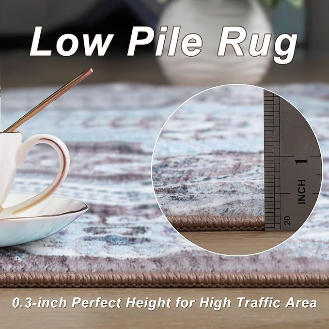 5x7 Area Rug for Bedroom, Machine Washable Rugs with Non-Slip Backing for Living Room, Soft Vintage Carpet Kitchen Laundry Kids Room Decor, Blue & Brown