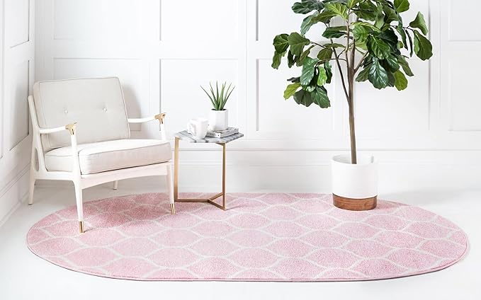 Rugs.com Lattice Frieze Collection Rug – 3' 3 x 5' 3 Oval Light Pink Medium Rug Perfect for Living Rooms, Large Dining Rooms, Open Floorplans