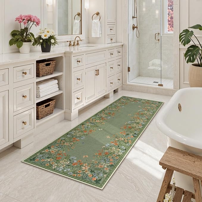 Wonnitar 2x6 Runner Rug for Hallways, Green Floral Bathroom Rugs Non Slip Washable Kitchen Runner, Low Pile Soft Botanical Runner for Girls Bedroom Laundry Room Bedside (Green,2'x6')