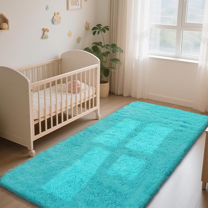 Teal Blue Rug Fluffy Rugs, 3x5 Teal Area Rugs for Bedroom, Soft Cute Baby Play Mat, Indoor Floor Carpet for Teen, Nursery, Preppy Dorm, Plush Aesthetic Bedside Rug