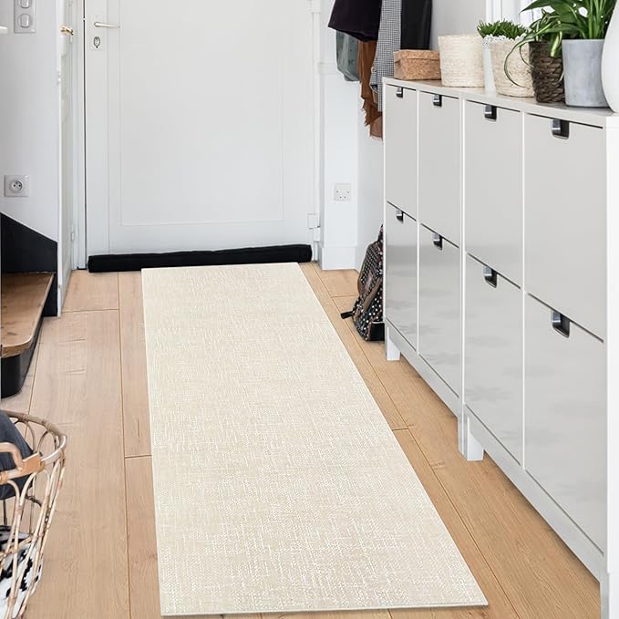 RUGSREAL 2x6 Runner Rug Washable Kitchen Runner Rug Modern Abstract Runner Mat for Hallway Contemporary Solid Rug Non-Slip Foldable Aesthetic Accent Floor Carpet for Living Room Bedroom, Cream