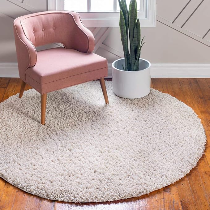 Unique Loom Davos Shag Collection Area Rug - Solid (5' 1" Round, Linen)