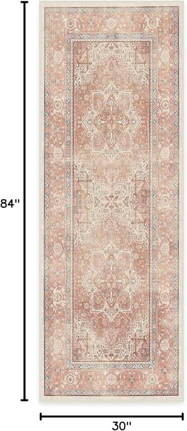 RUGGABLE Washable Runner Rug – Kamran Rose Pink 2.5x7, Stain-Resistant, Non-Slip Hallway Runner – Machine Washable Rug for Hallway, Entryway, Living Room & Kitchen–with Standard Pad