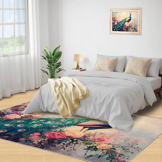 Peacock Peony Rug 2x3-2x3 Rug, Classic Peacock Peony Area Rugs for Bedroom, Teal Turquoise Rugs for Living Room, Peafowl Washable Mat, Malachite Green Feather Carpet - Peafowl Home Decor & Gifts