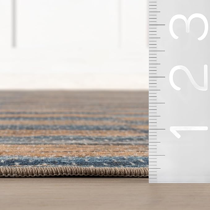 Dash & Albert Ravel Stripe Blue Machine Washable Rug, 4 X 6 Feet, Tan/Blue Stripe Pattern