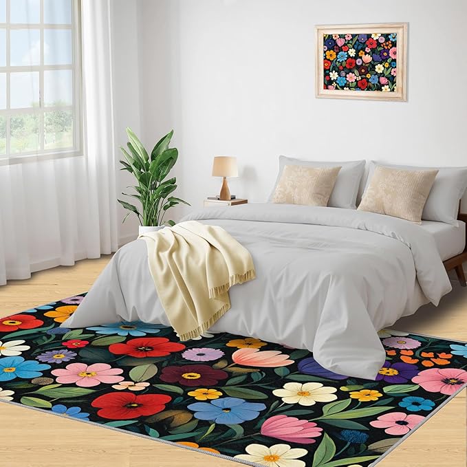 Boho Flowers Rugs for Bedroom - 5x6 Area Rug - Cartoon Flowers Rugs for Living Room, Abstract 3D Floral Rug, Non-Slip Washable Home Decor Carpet