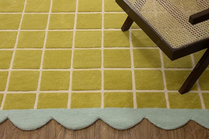 Checkered Wool Area Rug with Scalloped Border, Chartreuse Green & Cream Grid, Hand-Tufted, Soft Cut Pile, Modern Cottagecore Living Room, Bedroom & Nursery Carpet - 2x3 Ft