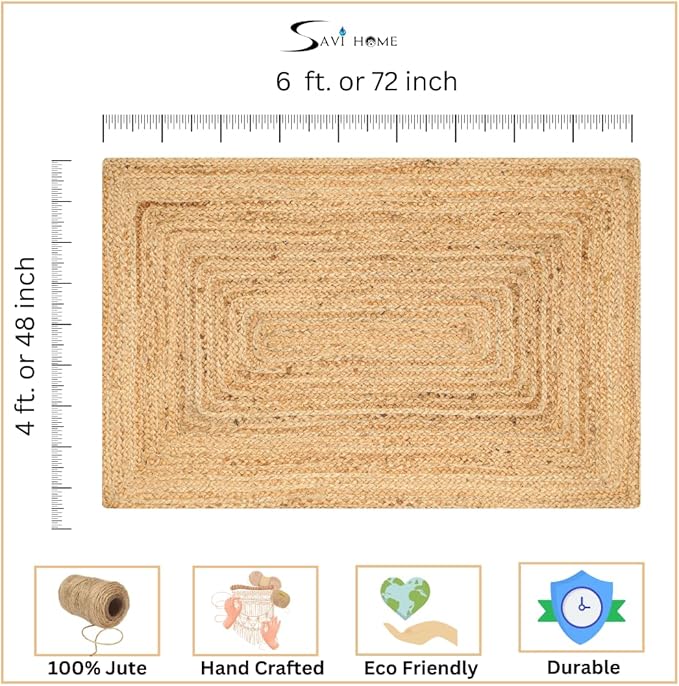 Savi Home Natural Jute Area Rug 4x6 FT – Handwoven Braided Farmhouse Rug, 72x48 Inch Handloom Entryway Rug, Rustic Doormat for Kitchen, Living Room, Pets & Indoor Decor