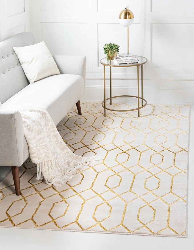 Unique Loom Marilyn Monroe Glam Collection Area Rug - Trellis (7' 1" x 10' Rectangle, White Gold/ Gold)
