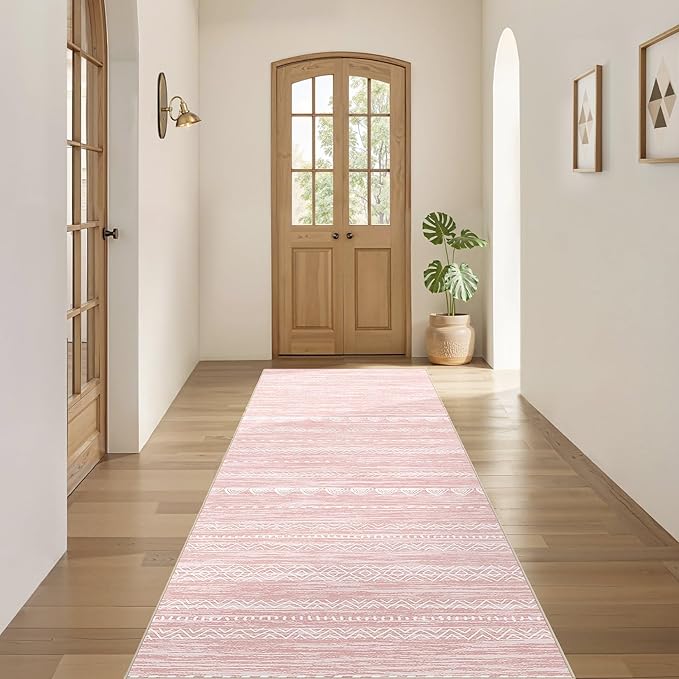 Nakagishi Runner Rug Kitchen Washable Rugs: 3x8 Non-Slip Boho Soft Modern Stain Resistant Indoor Floor Neutral Farmhouse Throw Carpet for Hallway Bathroom Laundry Room Entryway Bedroom- Pink
