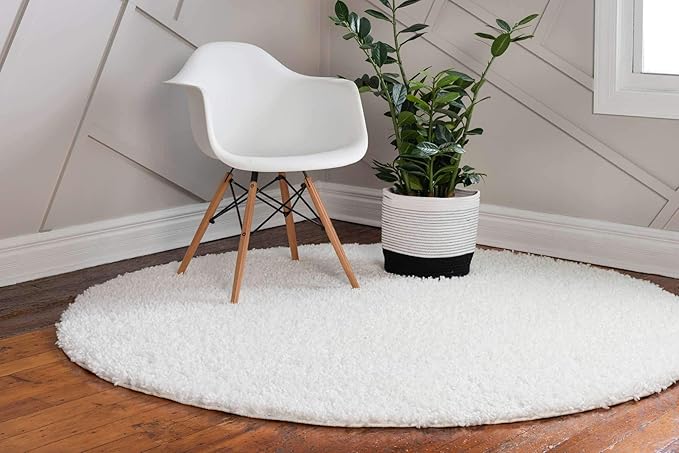 Unique Loom Davos Shag Collection Area Rug - Solid (6' 7" Round, White/ Ivory)