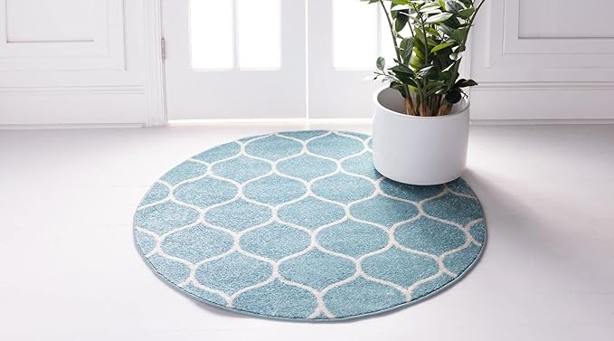 Rugs.com Lattice Frieze Collection Rug – 8' Round Light Blue Medium Rug Perfect for Kitchens, Dining Rooms