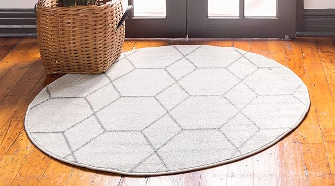 Unique Loom Trellis Frieze Collection Area Rug - Geometric (5' 1" Round Ivory/Gray)