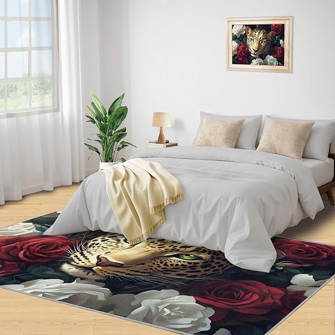 Leopard Rugs for Bedroom - 5x6 Area Rug - Flowers Leopard Rugs for Living Room, 3D Flowers Animal Rug, Washable Home Decor Carpet