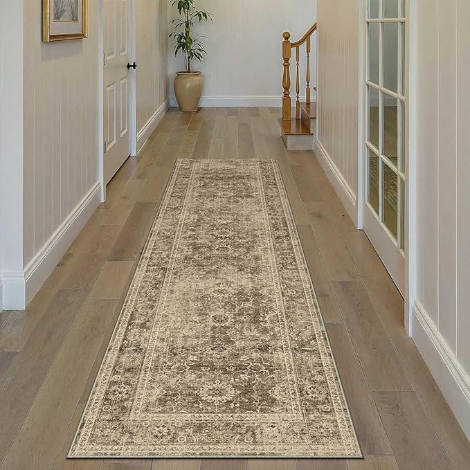 2x8 Washable Runner Rug for Kitchen Hallway Brown Vintage Non-Slip Low Pile Distressed Rustic Carpet Lightweight Vacuumable Soft Long Throw Rug for Indoor Entryway Bedroom
