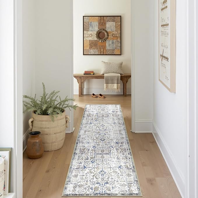 jinchan Kalen Runner Rug 2x7 Washable Hallway Rug Vintage Runner Indoor Floor Cover Thin Retro Distressed Floral Country Non Slip Carpet for Entryway Bathroom Kitchen Bedroom Living Room Stairway Blue