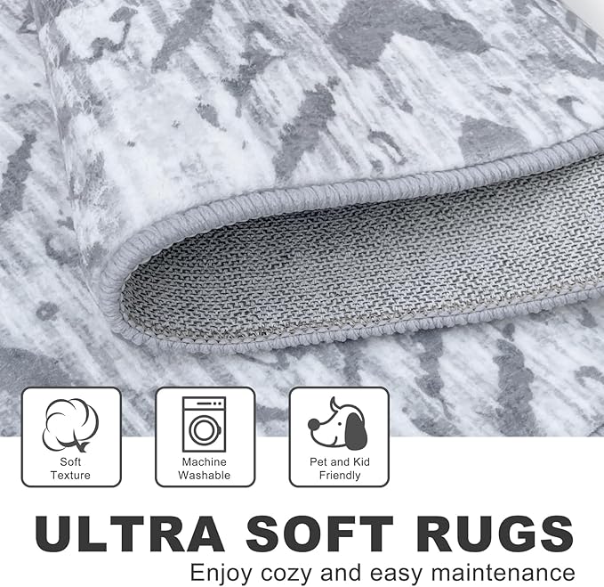 KILOCOCO Hallway Runner Rug 2.6'x14' Washable Printed Moroccan Runner Rugs Non Slip Entryway Rugs Soft Indoor Long Floor Rug for Bedroom Kitchen Living Room Geometric Boho Carpet Runners, Grey White