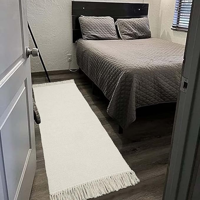 Collive 2x6 Runners for Hallway, Woven Reversible Washable Entryway Runner Rug, White/Beige Cotton Modern Farmhouse Laundry Room Carpet for Bathroom Sink Foyer Bedroom