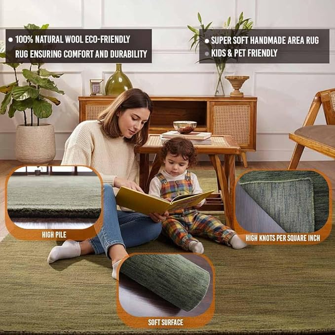 Rugsotic Carpets Hand Knotted Loom Wool ECO-Friendly Area Rugs - 4'x6', Rectangle, Green Color, Solid Plain Design, High Pile Handmade Anti Skid Area Rugs for Living Room, Bed Room (L00111)